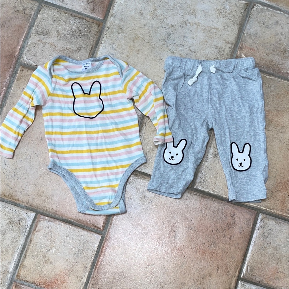Nordstrom Striped Bunny Onesie and Gray Pants Set